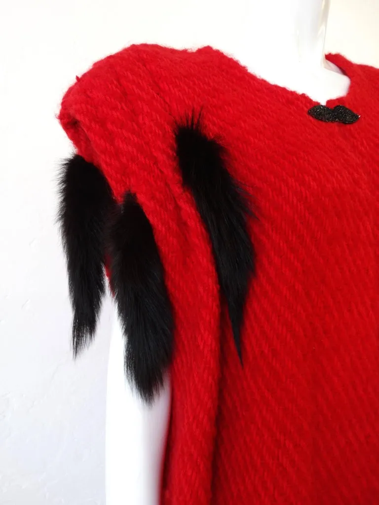 1980s Silver Lining Red Knit Mink Tail Vest