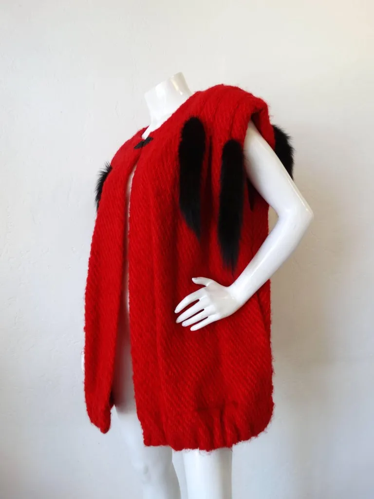 1980s Silver Lining Red Knit Mink Tail Vest