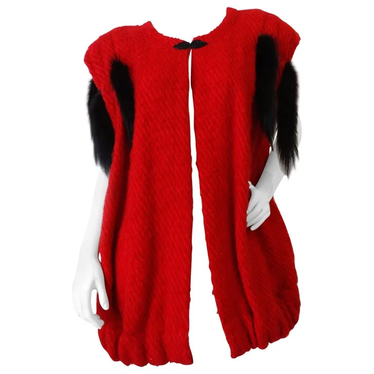 1980s Silver Lining Red Knit Mink Tail Vest