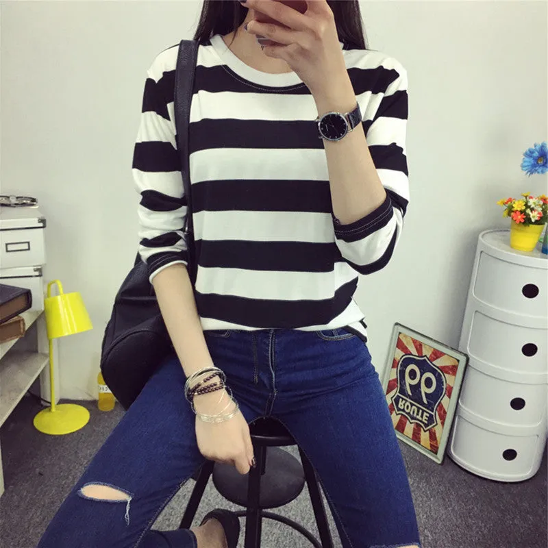 2016 New Summer Spring Sweatshirt T Shirt Women Tops Plus Size Loose Long-sleeved Cartoon/Stripe T-shirt Girls T Shirts Blusas