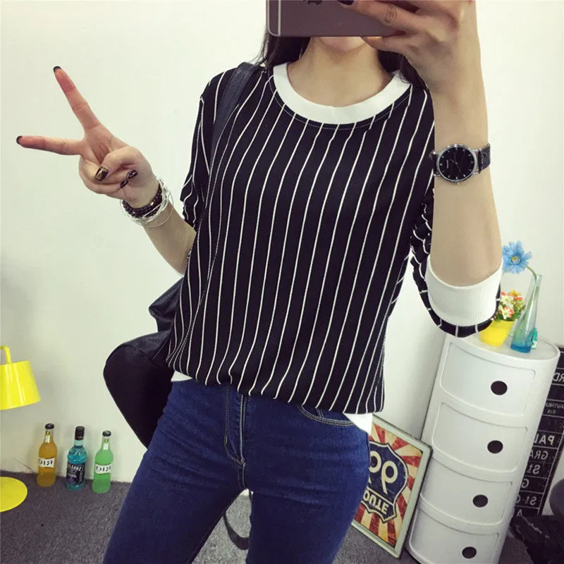 2016 New Summer Spring Sweatshirt T Shirt Women Tops Plus Size Loose Long-sleeved Cartoon/Stripe T-shirt Girls T Shirts Blusas