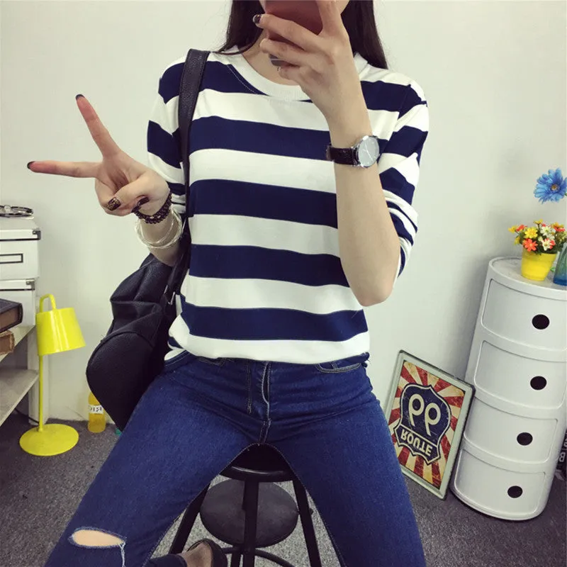 2016 New Summer Spring Sweatshirt T Shirt Women Tops Plus Size Loose Long-sleeved Cartoon/Stripe T-shirt Girls T Shirts Blusas