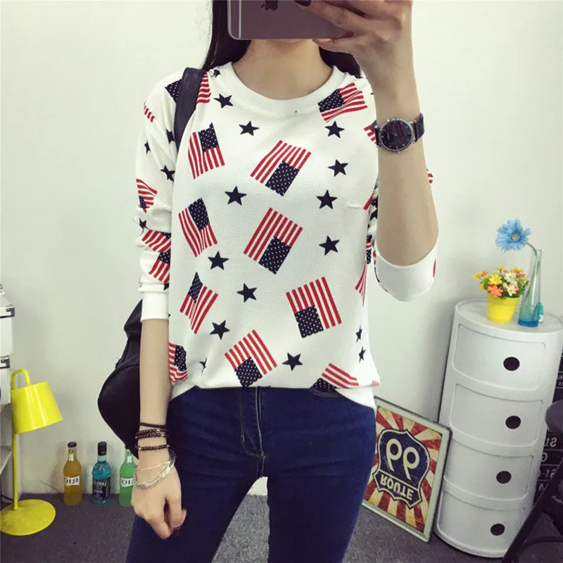 2016 New Summer Spring Sweatshirt T Shirt Women Tops Plus Size Loose Long-sleeved Cartoon/Stripe T-shirt Girls T Shirts Blusas