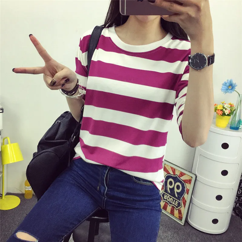 2016 New Summer Spring Sweatshirt T Shirt Women Tops Plus Size Loose Long-sleeved Cartoon/Stripe T-shirt Girls T Shirts Blusas