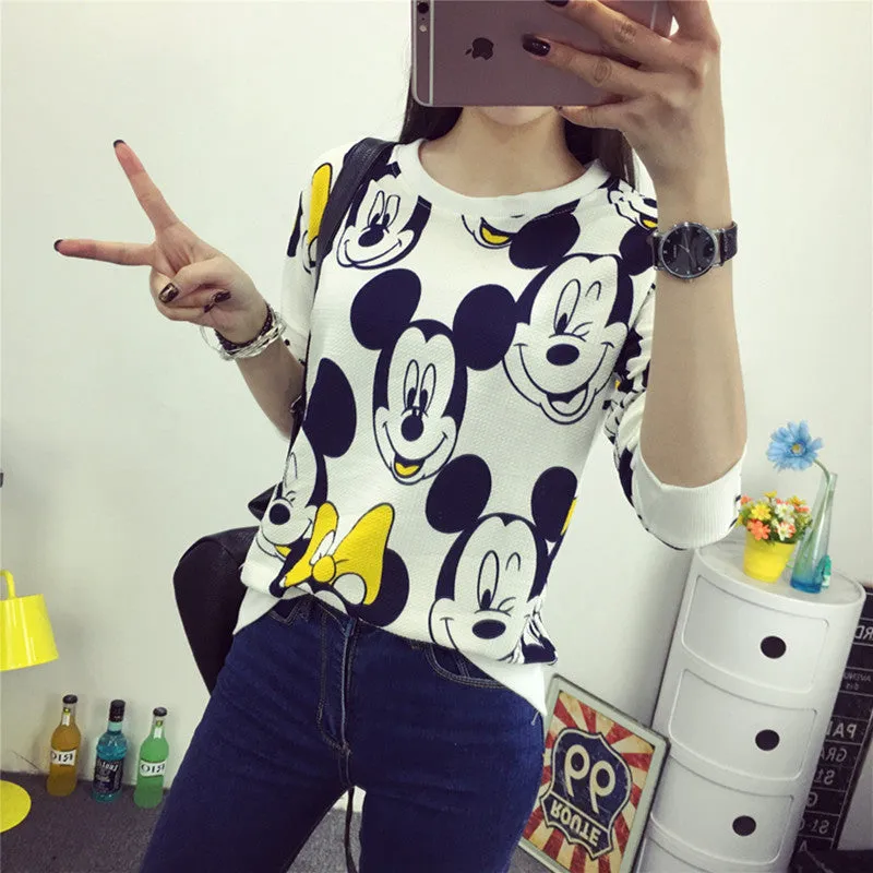 2016 New Summer Spring Sweatshirt T Shirt Women Tops Plus Size Loose Long-sleeved Cartoon/Stripe T-shirt Girls T Shirts Blusas