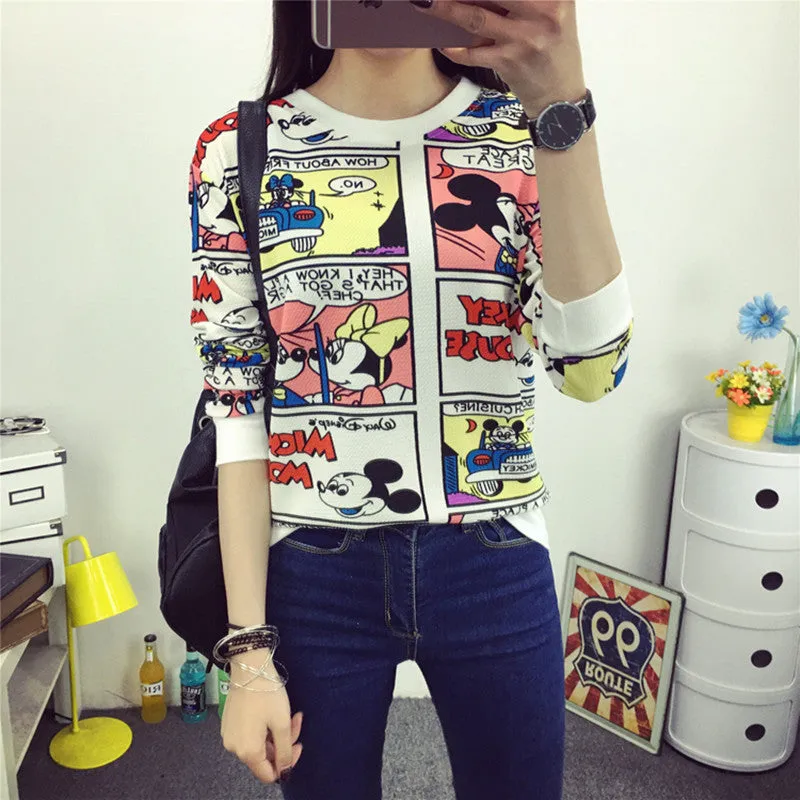 2016 New Summer Spring Sweatshirt T Shirt Women Tops Plus Size Loose Long-sleeved Cartoon/Stripe T-shirt Girls T Shirts Blusas