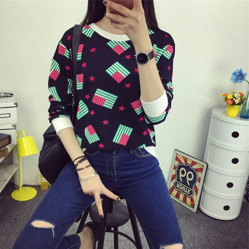 2016 New Summer Spring Sweatshirt T Shirt Women Tops Plus Size Loose Long-sleeved Cartoon/Stripe T-shirt Girls T Shirts Blusas