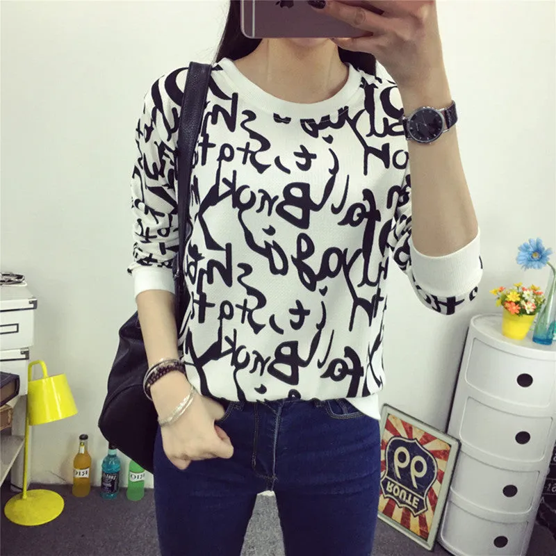 2016 New Summer Spring Sweatshirt T Shirt Women Tops Plus Size Loose Long-sleeved Cartoon/Stripe T-shirt Girls T Shirts Blusas