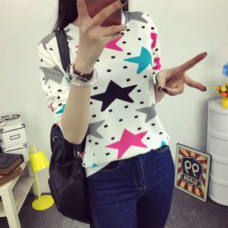 2016 New Summer Spring Sweatshirt T Shirt Women Tops Plus Size Loose Long-sleeved Cartoon/Stripe T-shirt Girls T Shirts Blusas