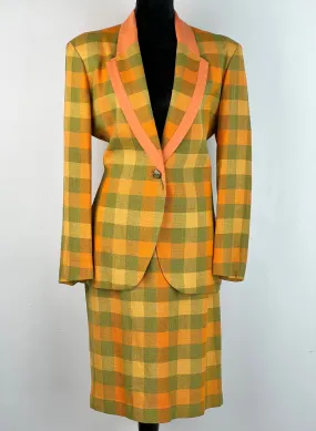 90s Orange   Lime Check Skirt Suit - AU10-12