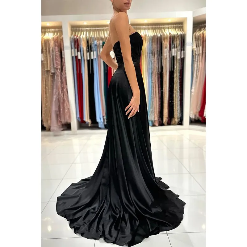 A Line Sweetheart Pleats Side Slit Black Long Formal Evening Gowns