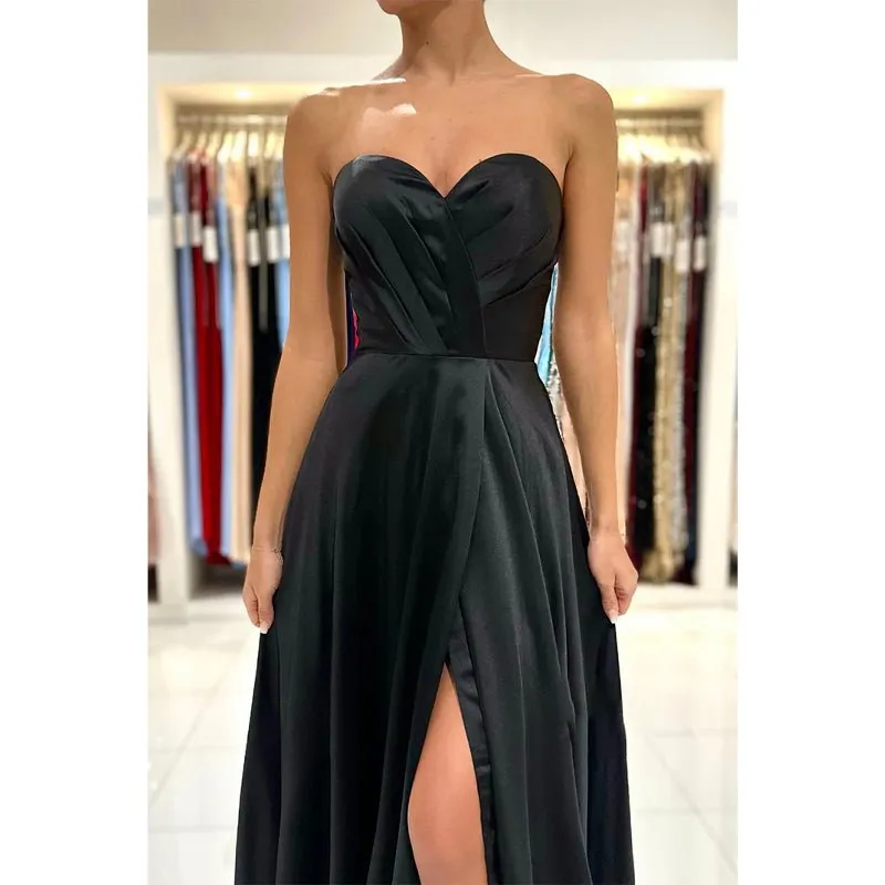 A Line Sweetheart Pleats Side Slit Black Long Formal Evening Gowns