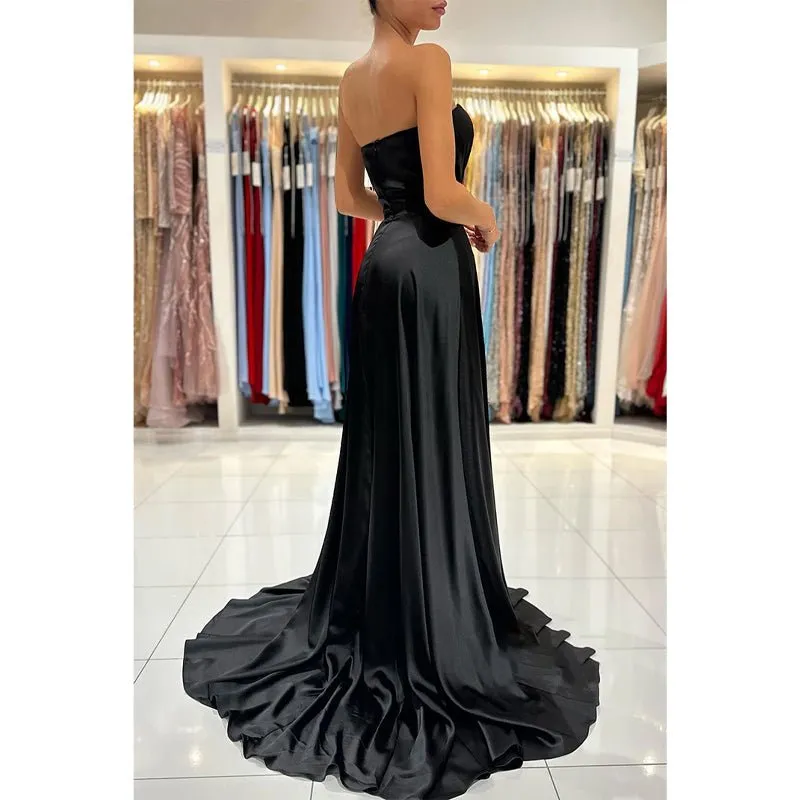 A Line Sweetheart Pleats Side Slit Black Long Formal Evening Gowns