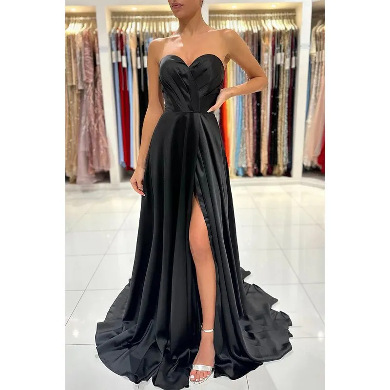 A Line Sweetheart Pleats Side Slit Black Long Formal Evening Gowns