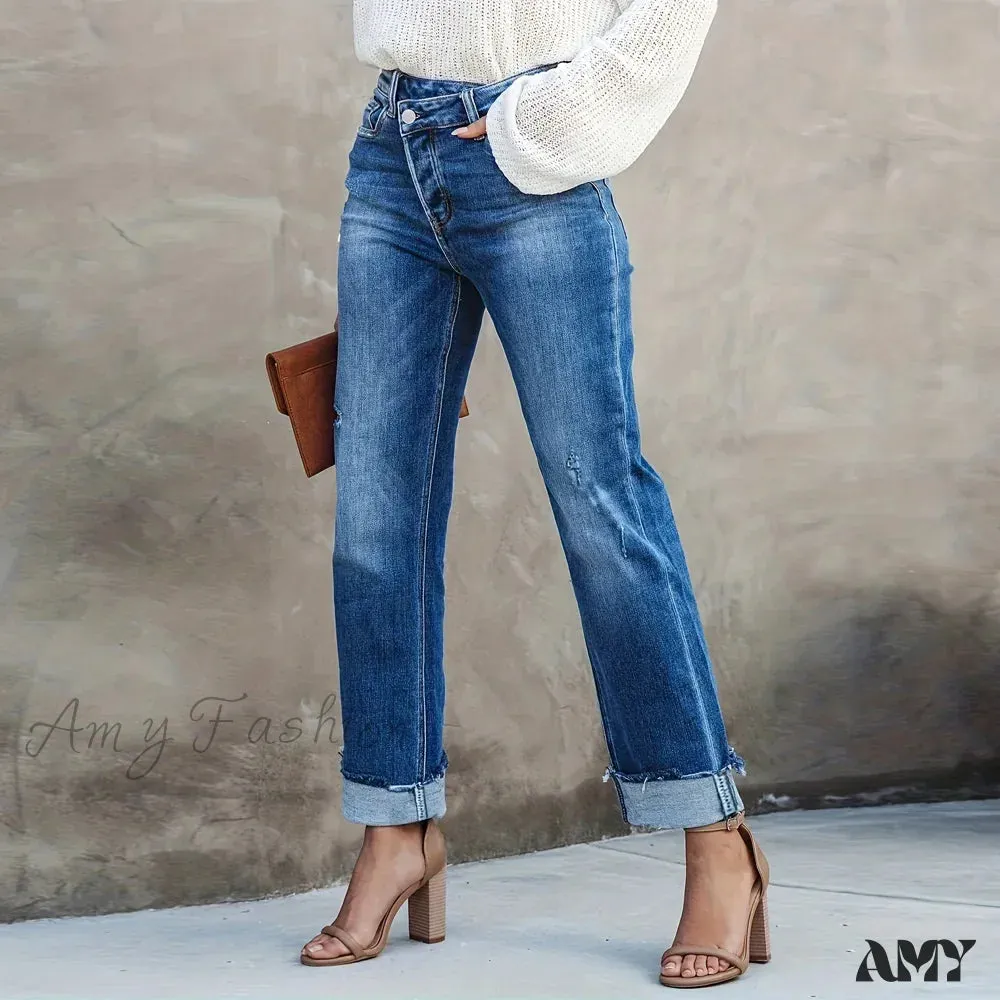 Amy Fashion - Asymmetrical Waist Casual Straight Loose Fit Rolled Hem Denim Jean