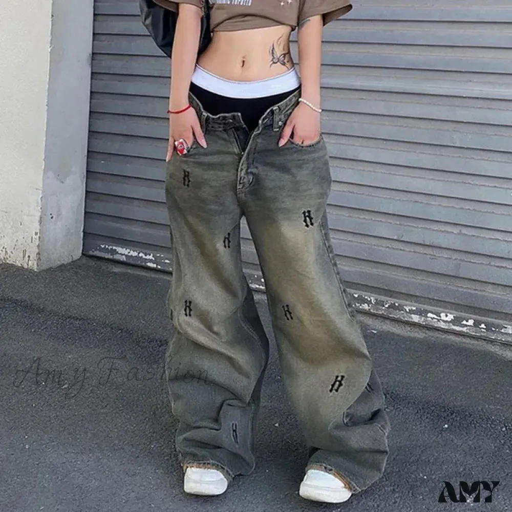 Amy Fashion - Letter Straight Wide Leg Denim Low Waist Vintage 2024 Oversized Hip Hop Harajuku Cargo Jean