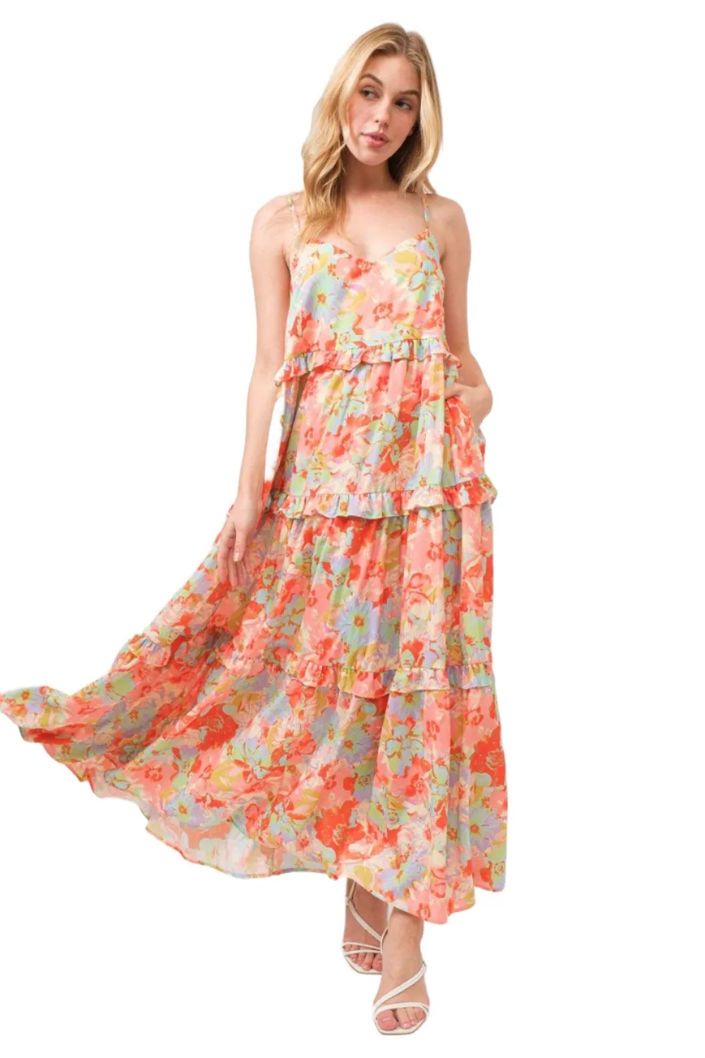 And The Why Floral Ruffled Tiered Maxi Cami Dress