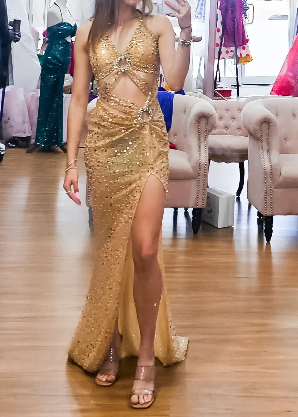 Beaded nude gold cutout dress with lace up back for hire