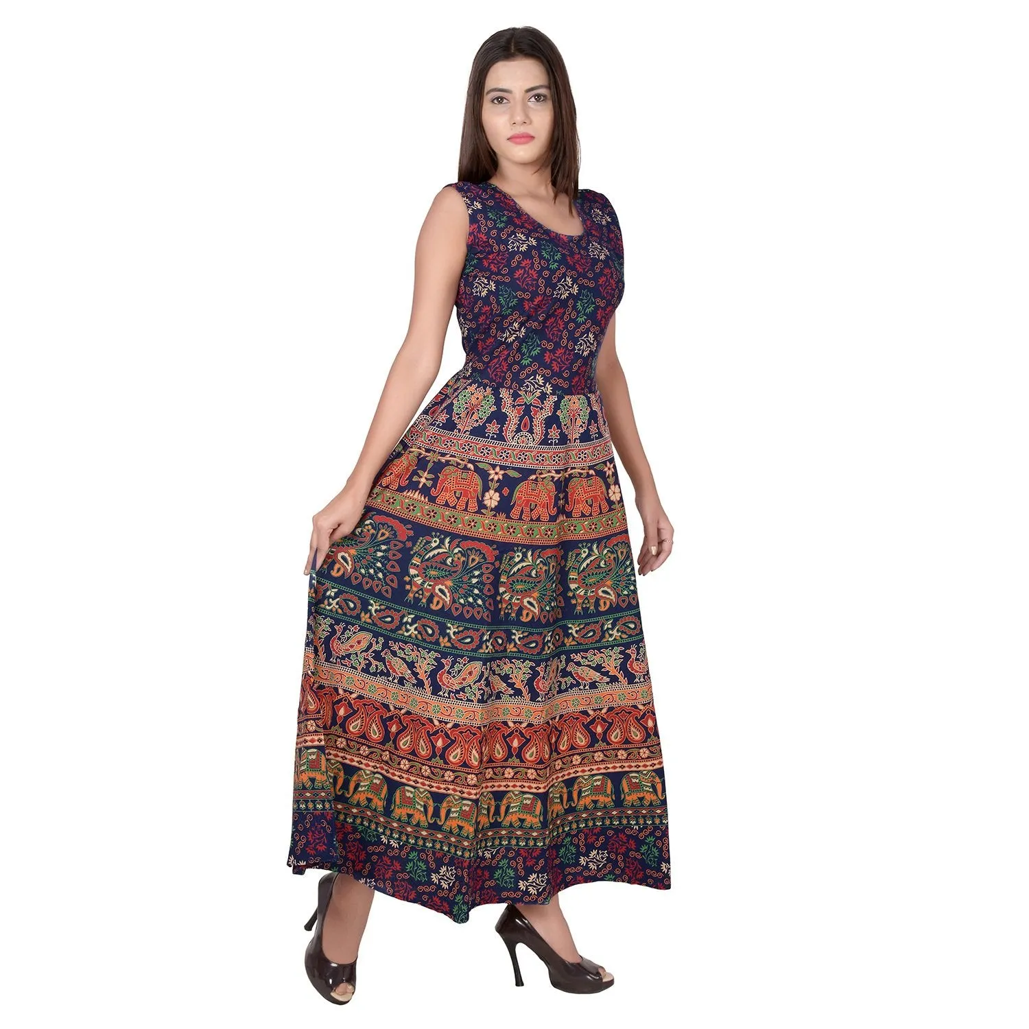 Beautiful Jaipuri Women's Cotton Jaipuri Floral Print Long Maxi Dress (Multicolour)