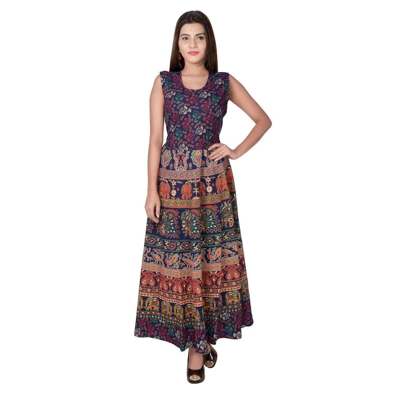 Beautiful Jaipuri Women's Cotton Jaipuri Floral Print Long Maxi Dress (Multicolour)