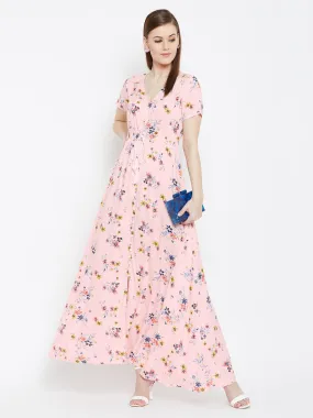 Berrylush Women Pink Floral Printed V-Neck Front Button Tie-Up Smocked Maxi Dress