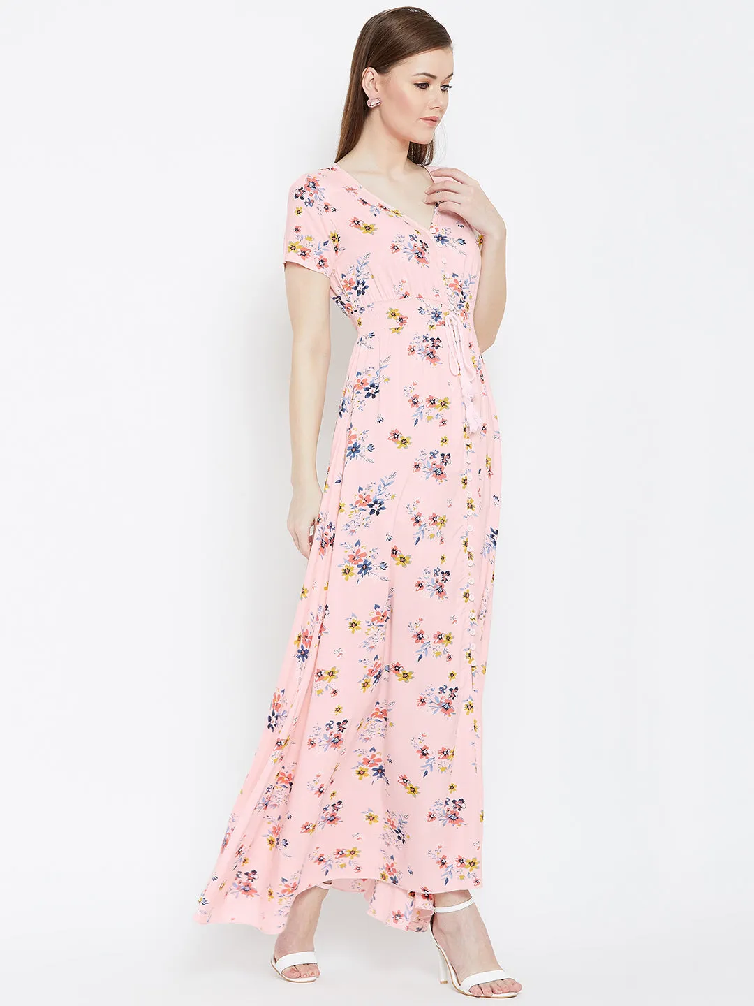 Berrylush Women Pink Floral Printed V-Neck Front Button Tie-Up Smocked Maxi Dress