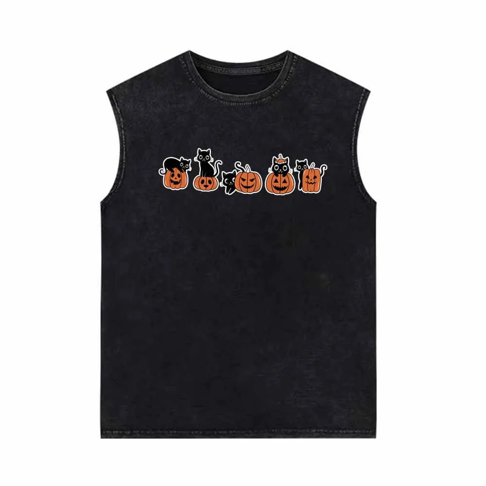 Black Cat Pumpkin Head Vintage Washed Vest Top