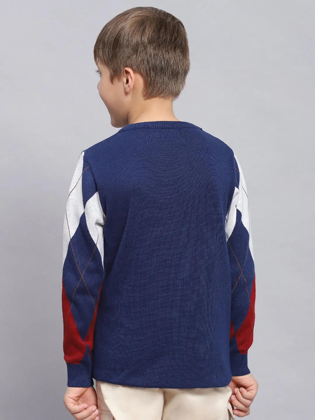 Boys Blue Self Design Round Neck Full Sleeve Sweater