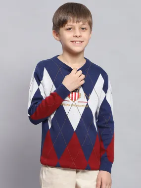 Boys Blue Self Design Round Neck Full Sleeve Sweater