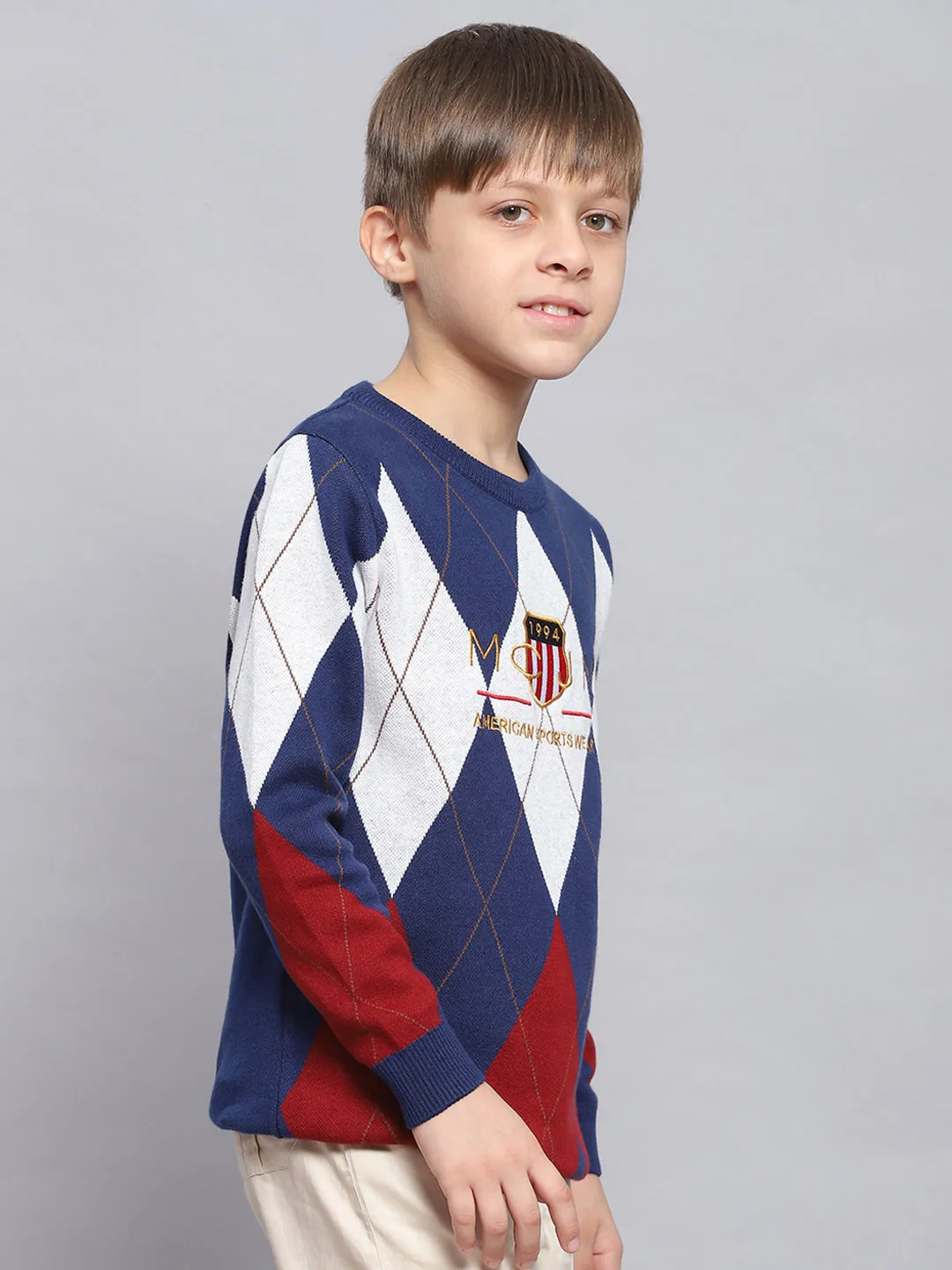 Boys Blue Self Design Round Neck Full Sleeve Sweater