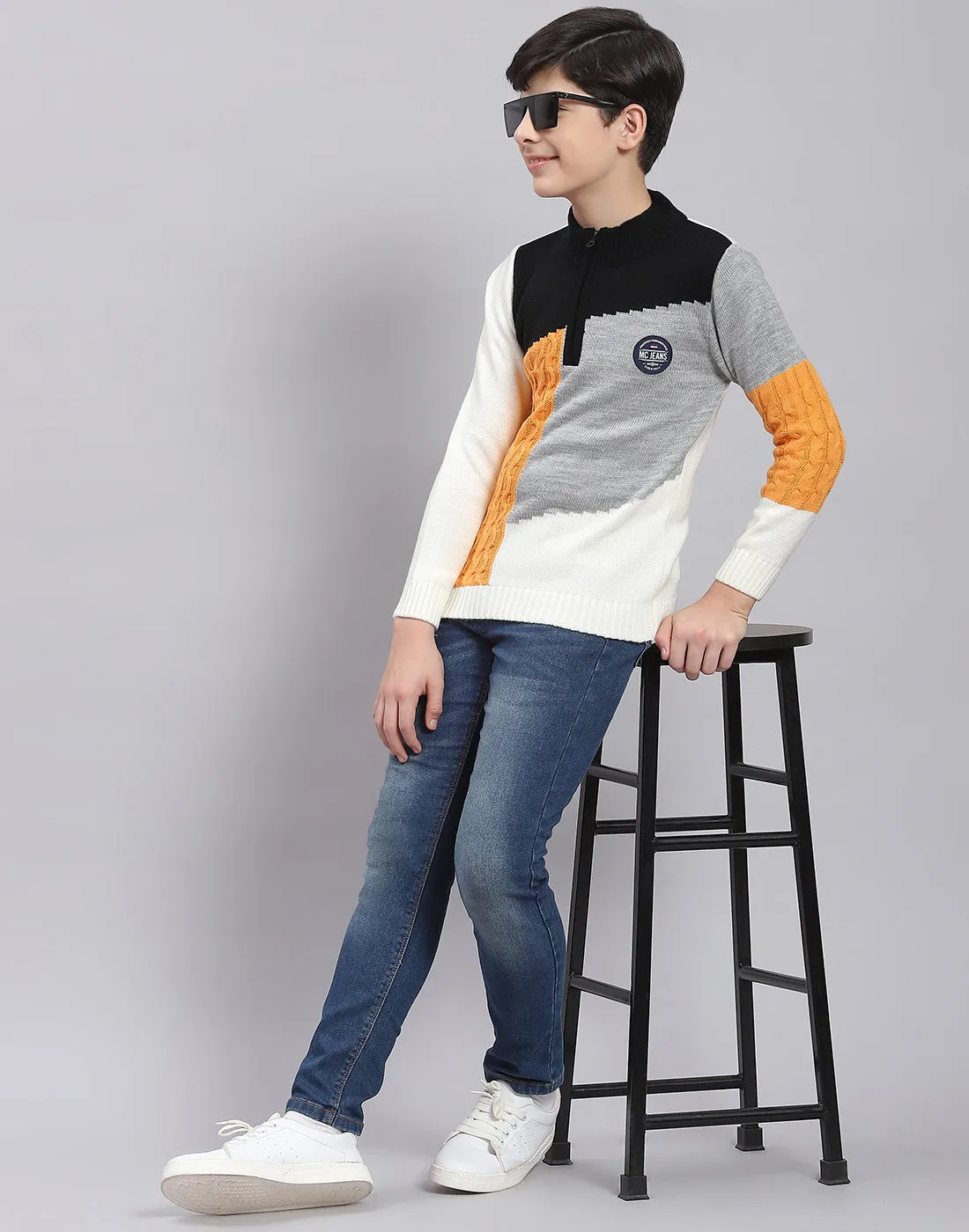 Boys Multicolor Self Design Round Neck Full Sleeve Sweater