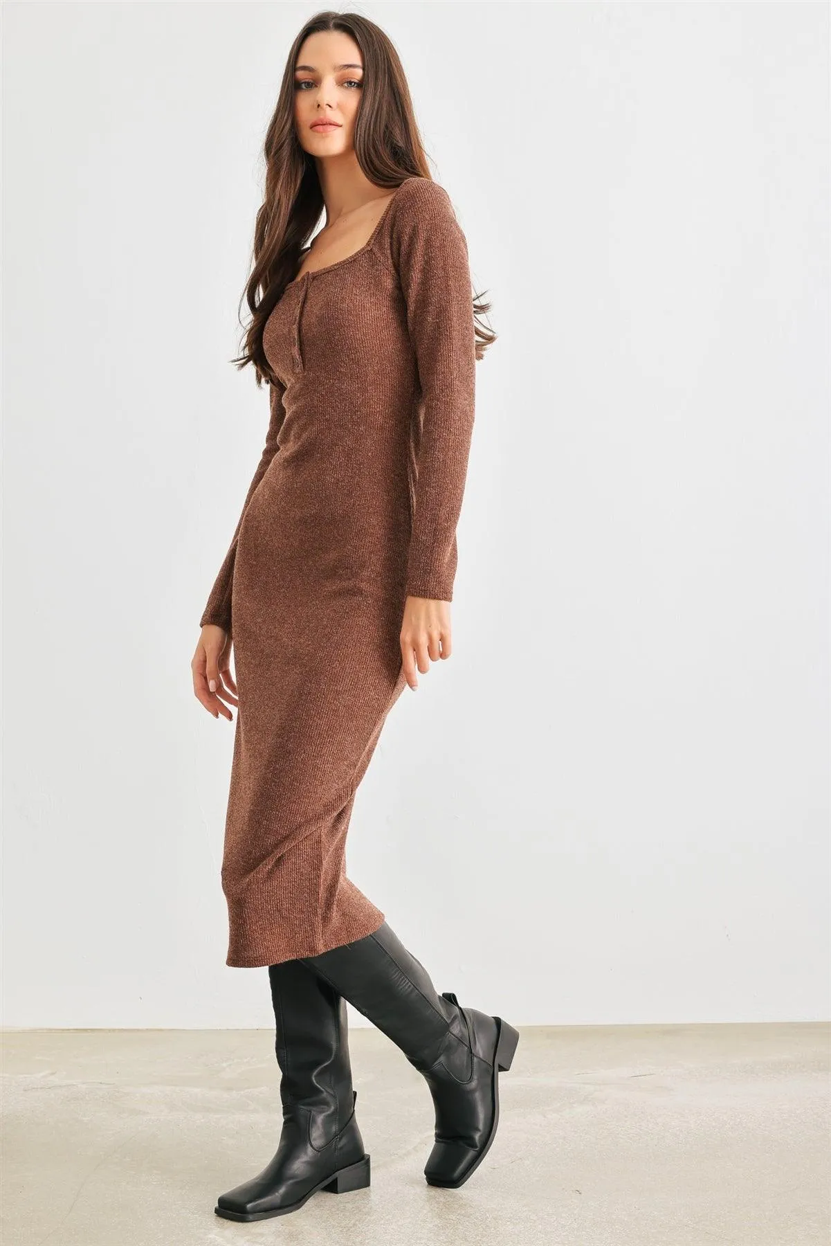 Brown Ribbed Knit Button Neck Slim Fit Midi Dress /2-2-2