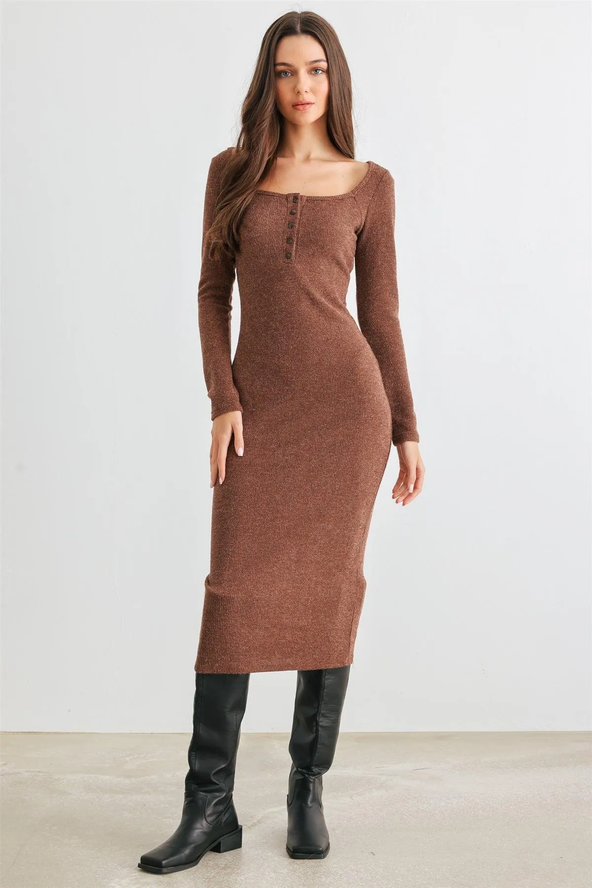 Brown Ribbed Knit Button Neck Slim Fit Midi Dress /2-2-2