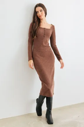 Brown Ribbed Knit Button Neck Slim Fit Midi Dress /2-2-2