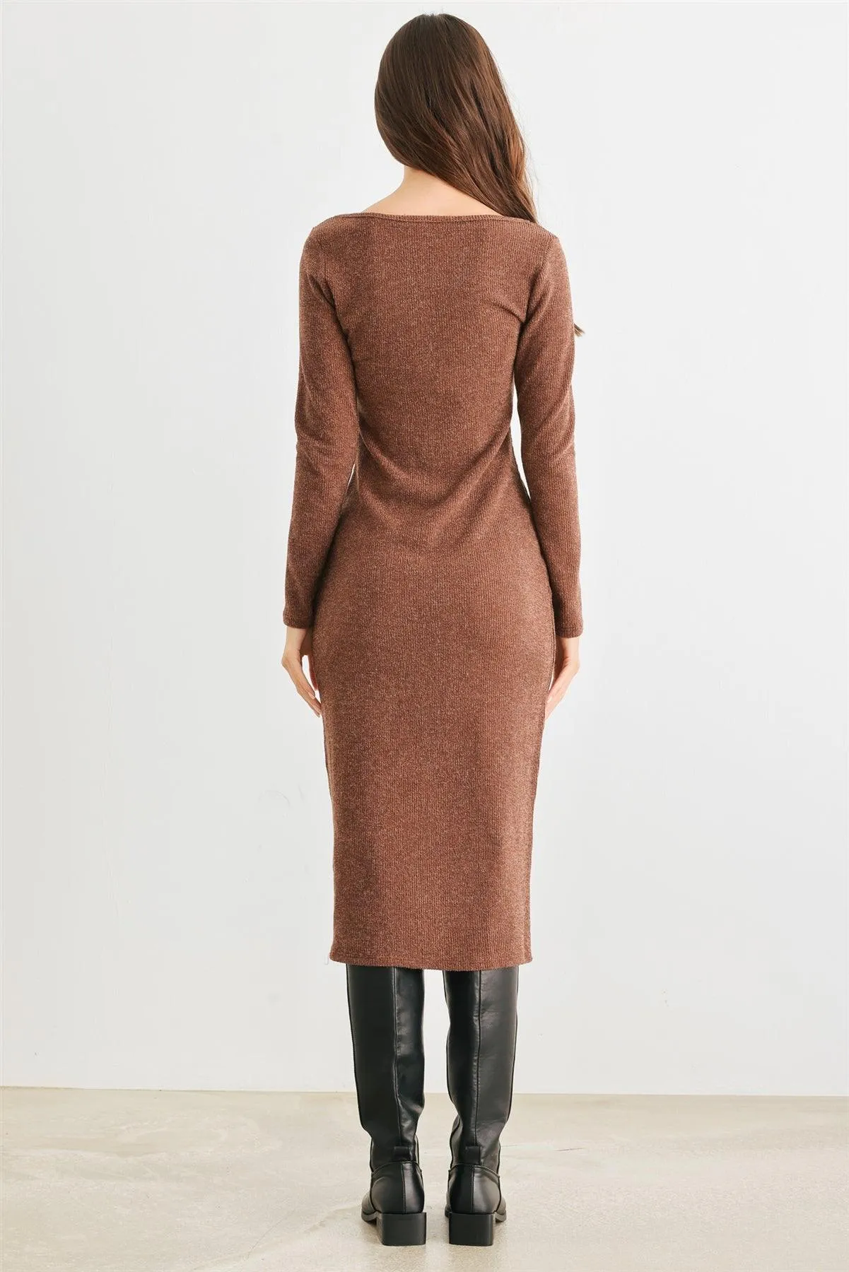 Brown Ribbed Knit Button Neck Slim Fit Midi Dress /2-2-2