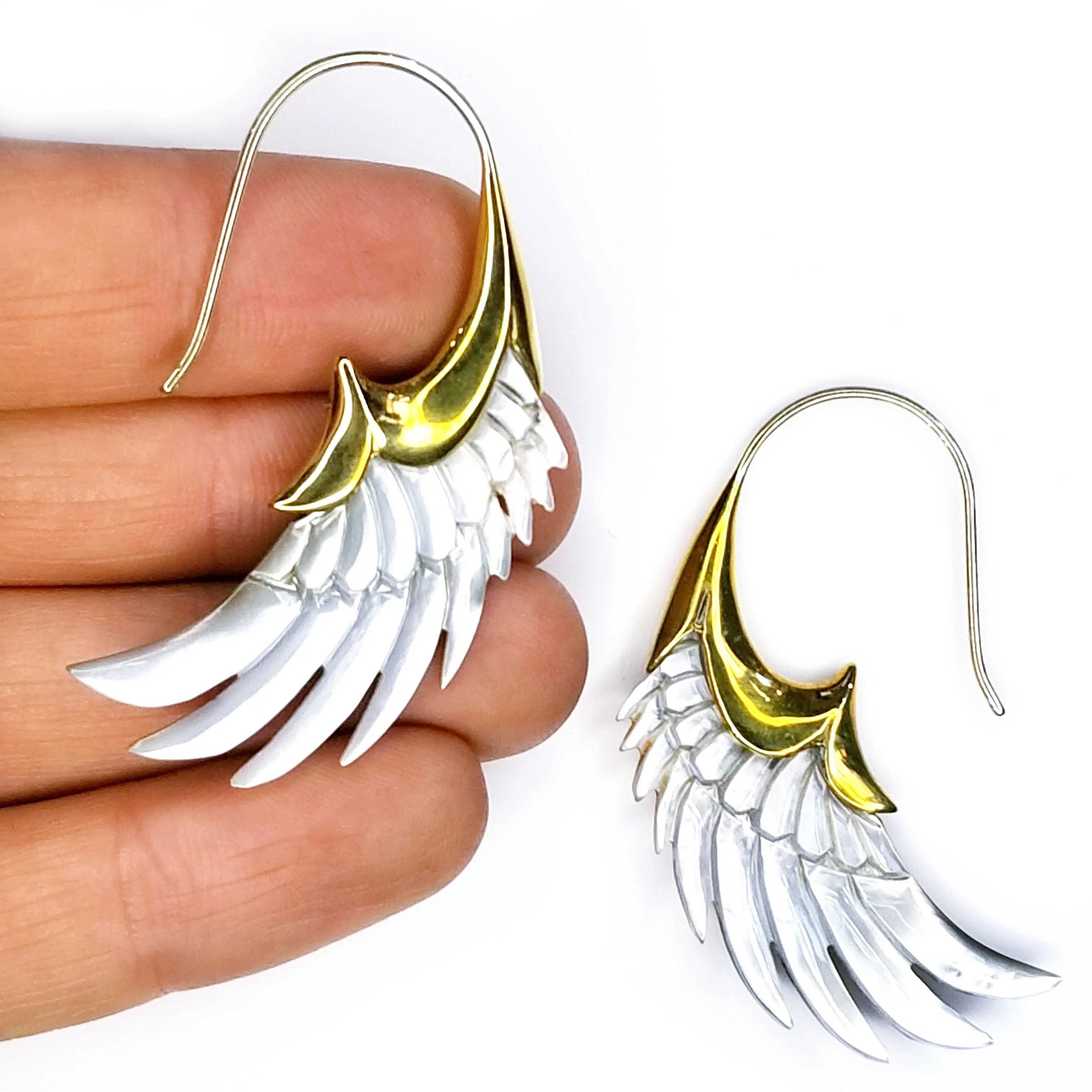 Carved Gray Shell Wing Earrings .925 Sterling Silver Hook Boho Chic Jewelry Gift