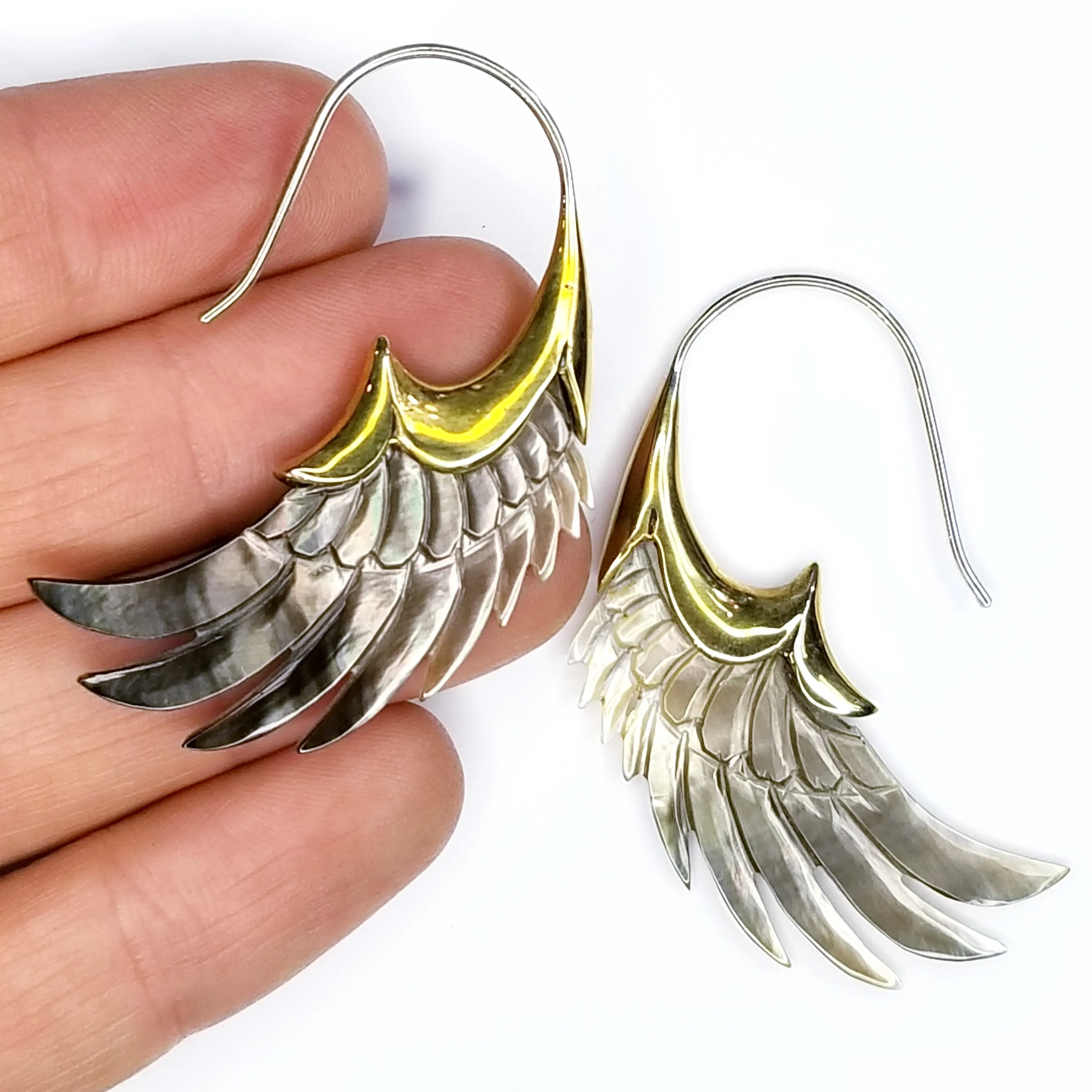 Carved Gray Shell Wing Earrings .925 Sterling Silver Hook Boho Chic Jewelry Gift