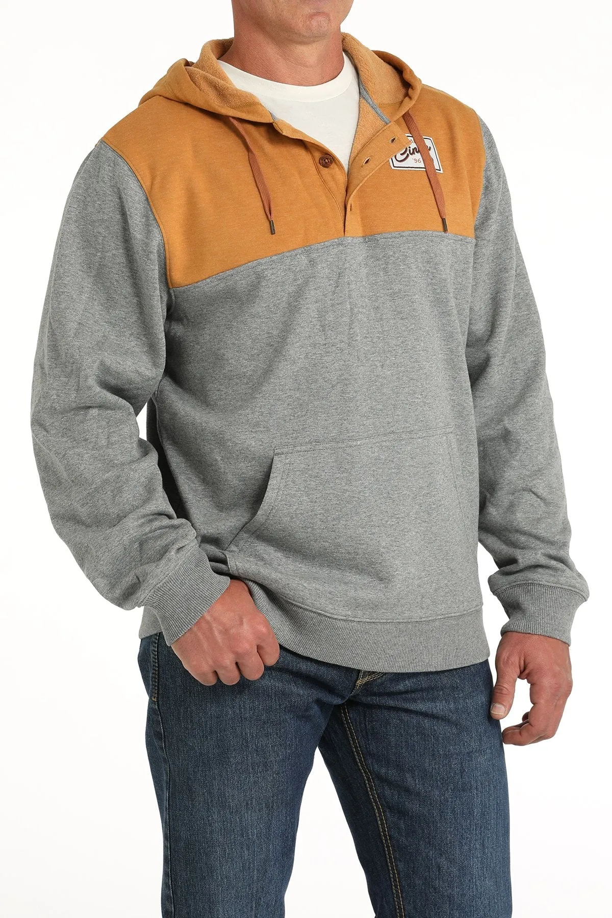 Cinch Men's Color Block Logo Pullover Hoodie in Gold & Grey