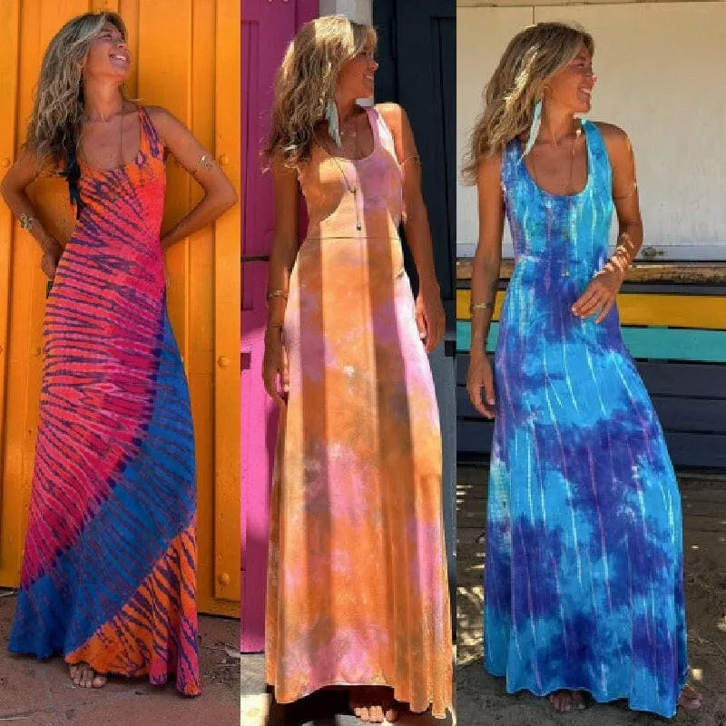 Colorful Women's Vacation Backless Long Casual Tie-dye Maxi Dress