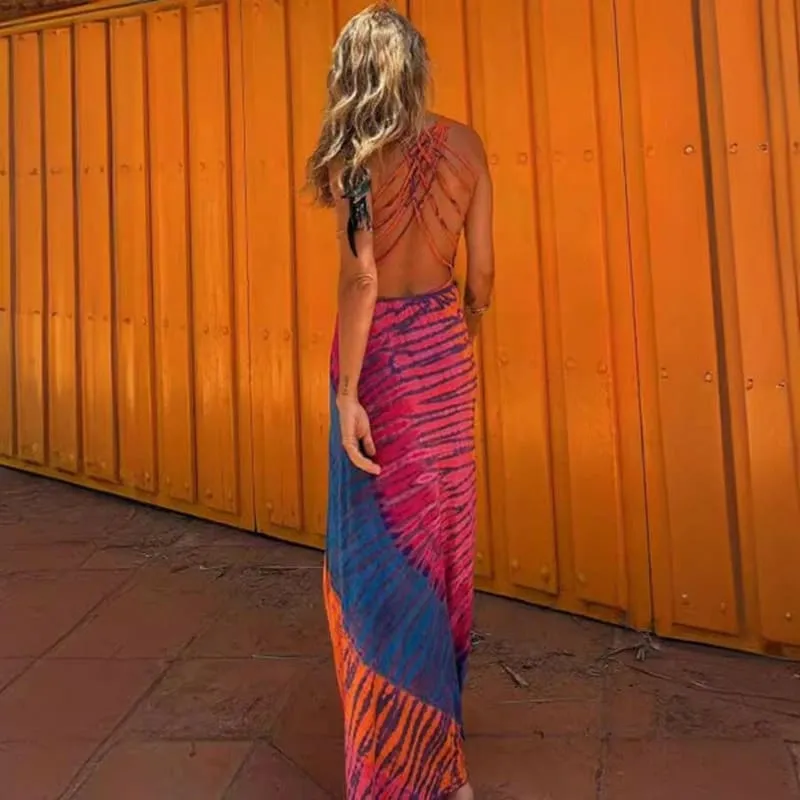 Colorful Women's Vacation Backless Long Casual Tie-dye Maxi Dress