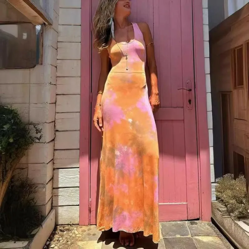 Colorful Women's Vacation Backless Long Casual Tie-dye Maxi Dress