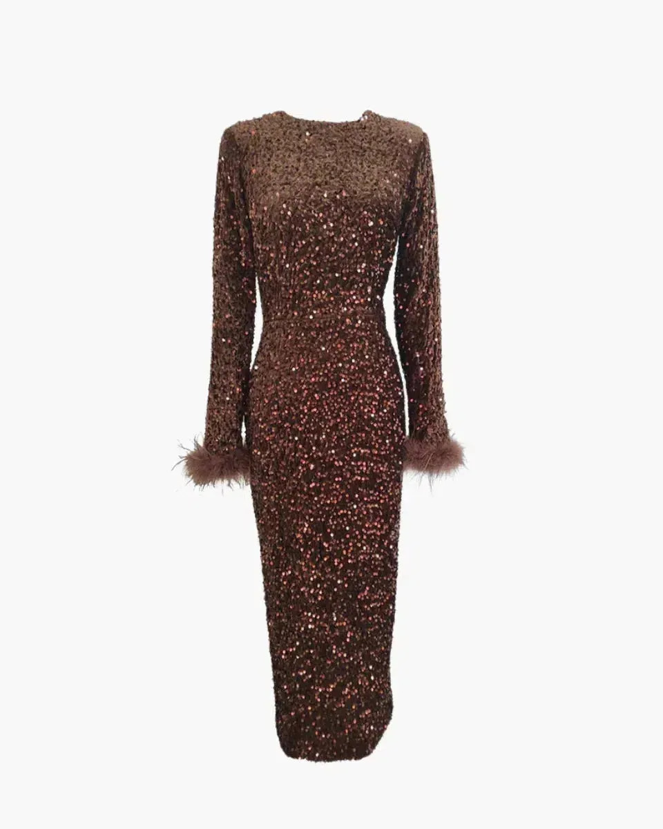 Coralie – Feather-trimmed sleeves – Sequin midi dress