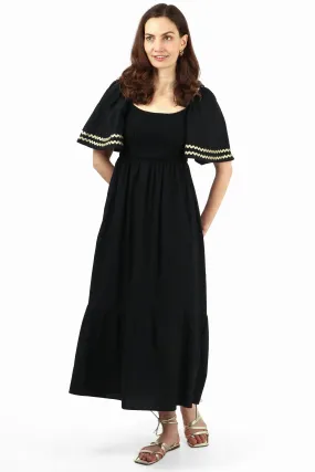 Cotton Milkmaid Shirred Maxi Dress with Trimmed Bell Sleeves in Black