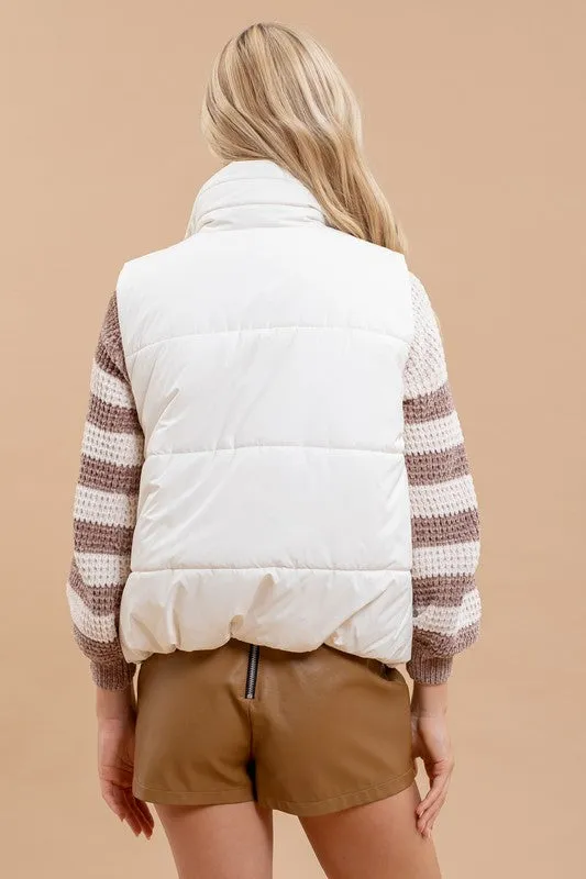 Cream Asymmetrical Zip Up High Neck Puffer Vest