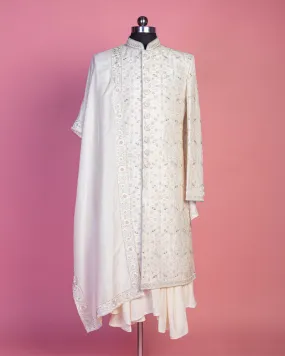 Cream Long Kurta with Over coat Sherwani and Pyjama Set