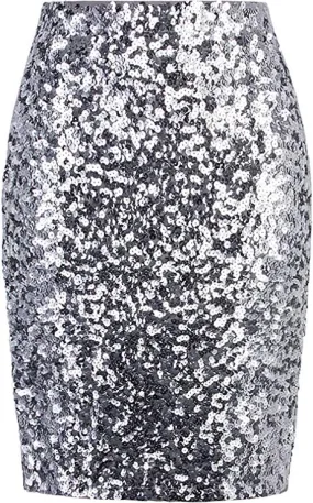 Crushed Silver Mixed Sequined Pencil Skirt