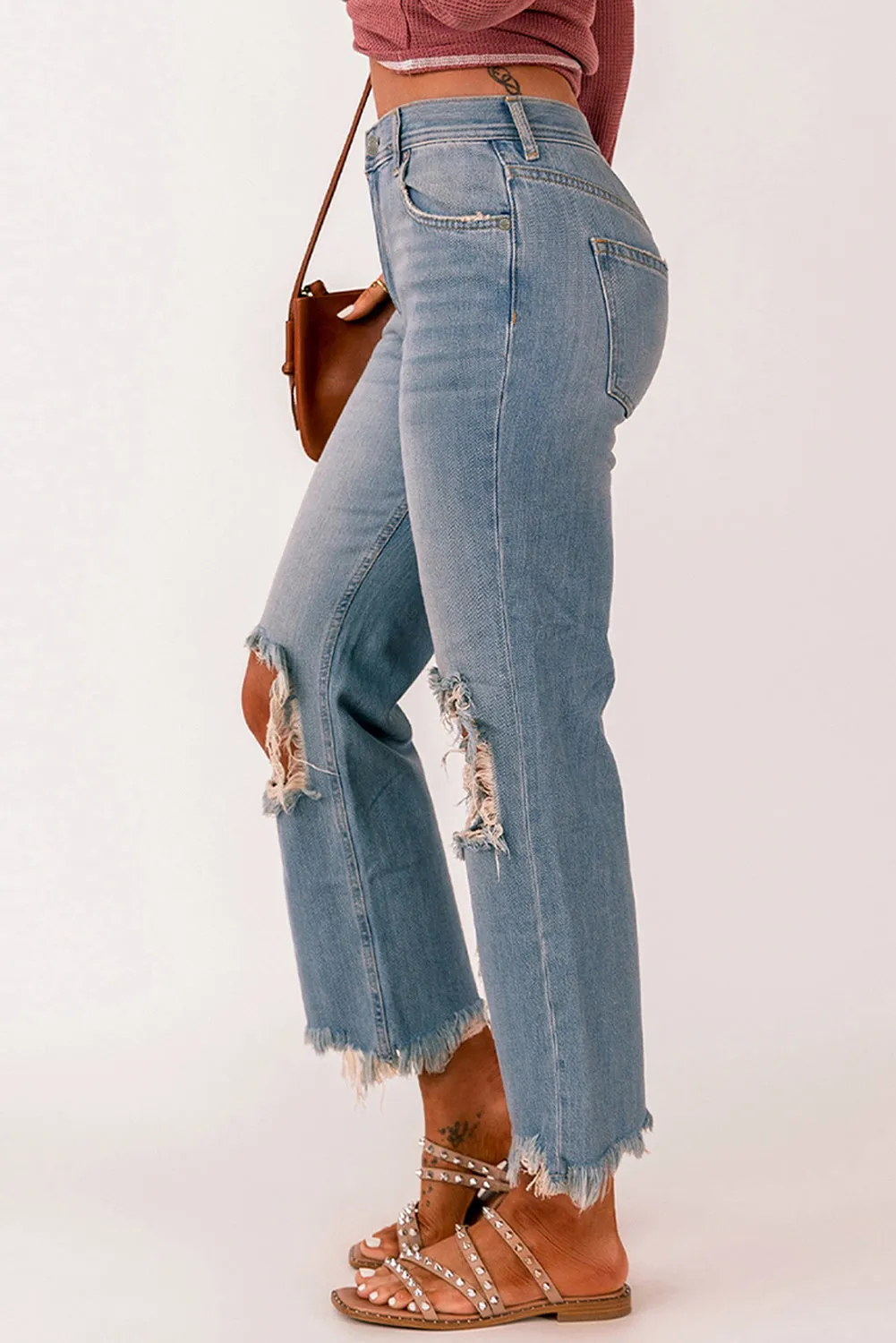 Distressed Knee Holes Straight Leg Jeans