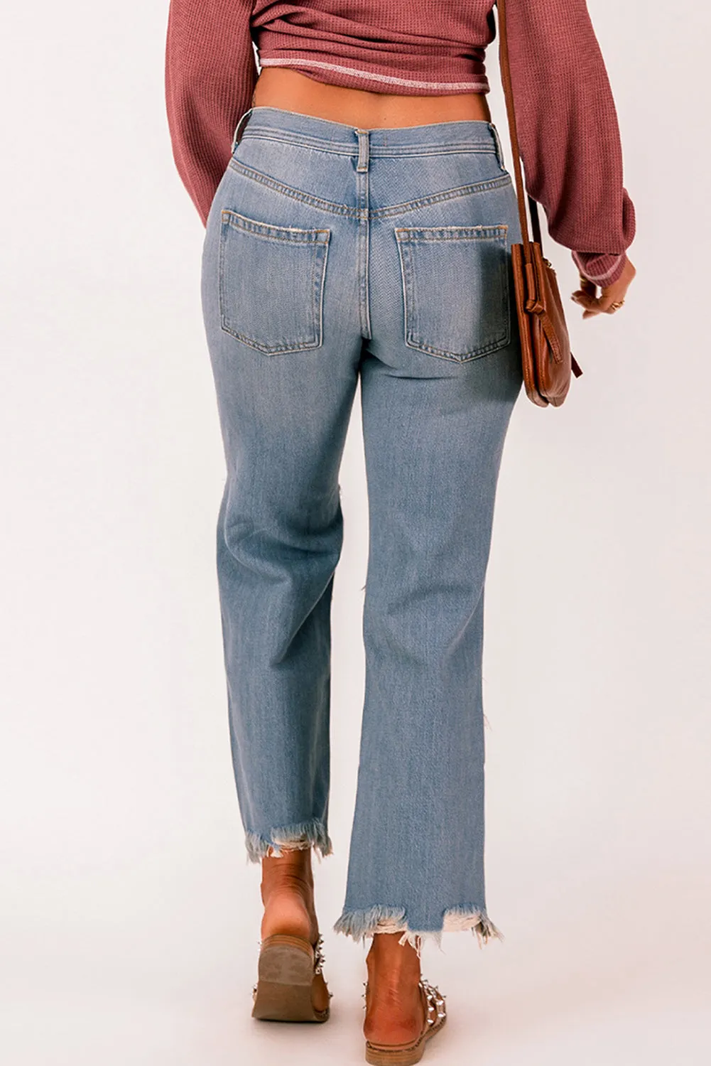 Distressed Knee Holes Straight Leg Jeans