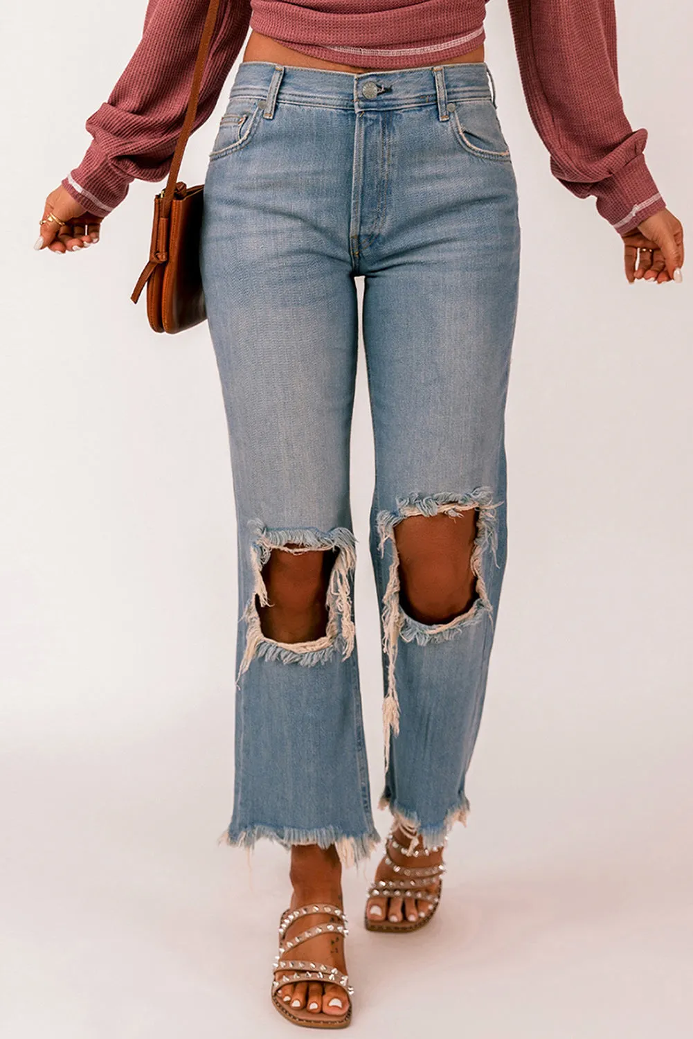 Distressed Knee Holes Straight Leg Jeans