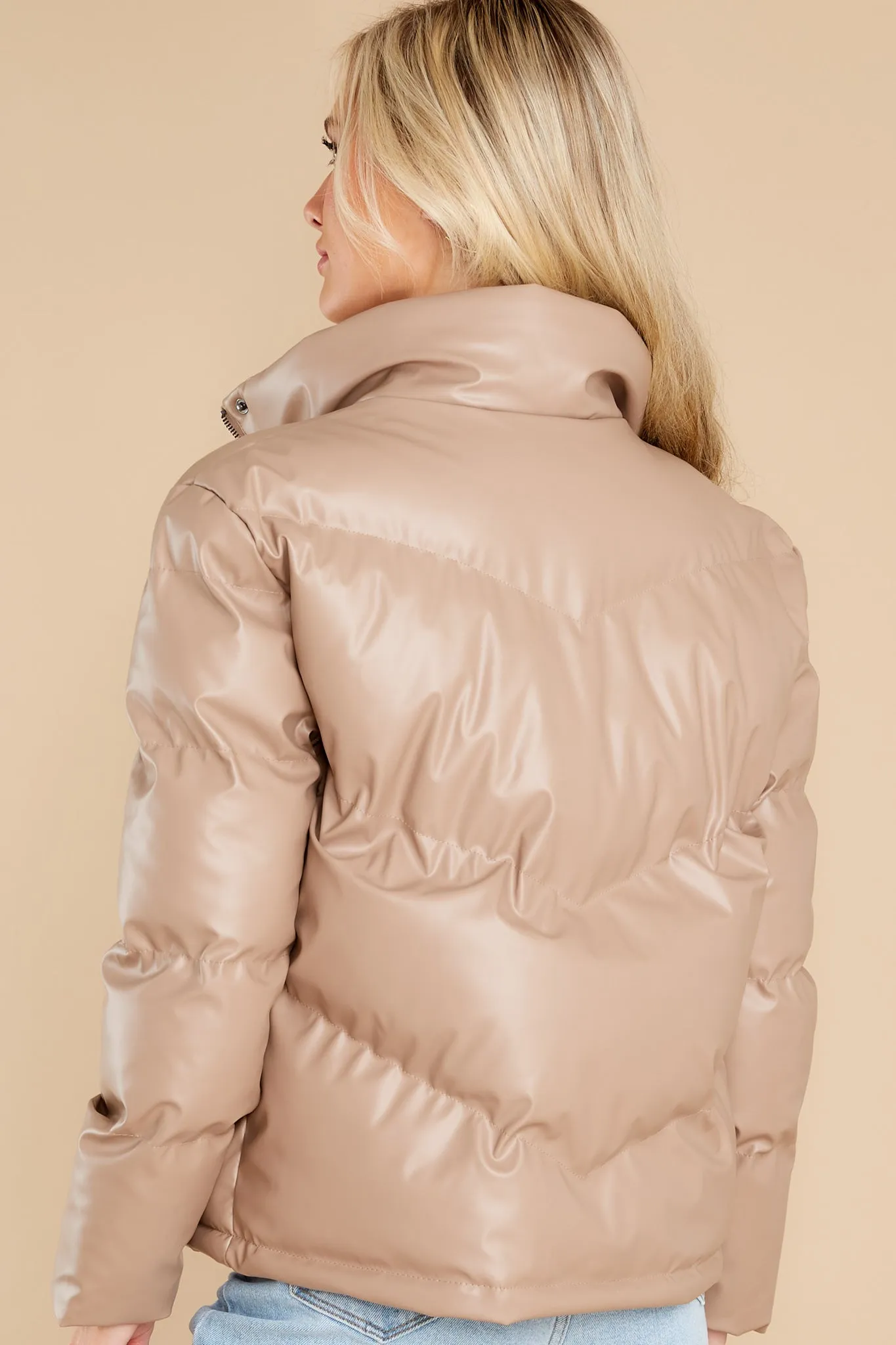 Downtown Tan Faux Leather Puffer Jacket